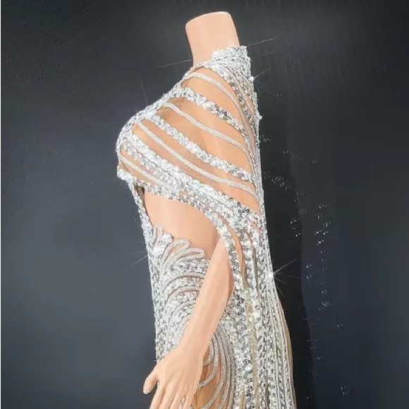 🌸 DIAMOND DRESS RHINESTONE LONG MAXI TALL SHEER SILVER WEDDING BRIDE QUEEN - Picture 5 of 7